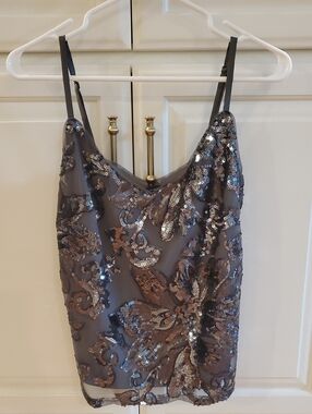 White House Black Market Gray Sequin Floral Slip Top